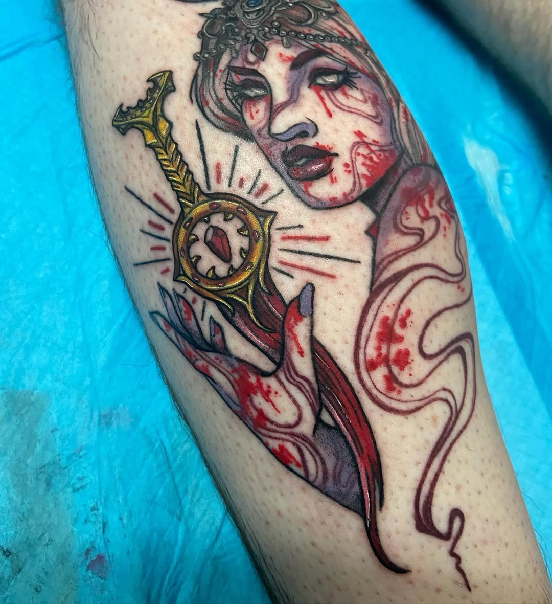 Woman holding a jeweled sword neo-traditional tattoo on the forearm by โ๏ธ ๐๐ฎ๐ฐ๐ธ๐ถ๐ฒ โ๏ธ