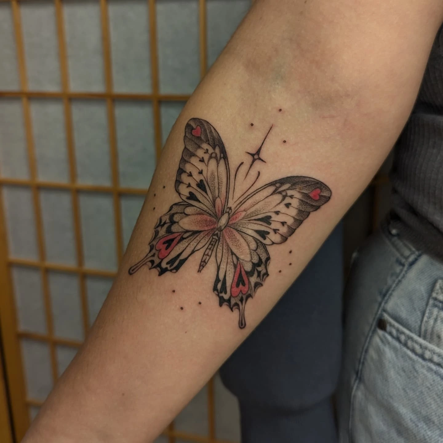 Butterfly dotwork tattoo on the forearm by Jeanine, Providence, Rhode Island