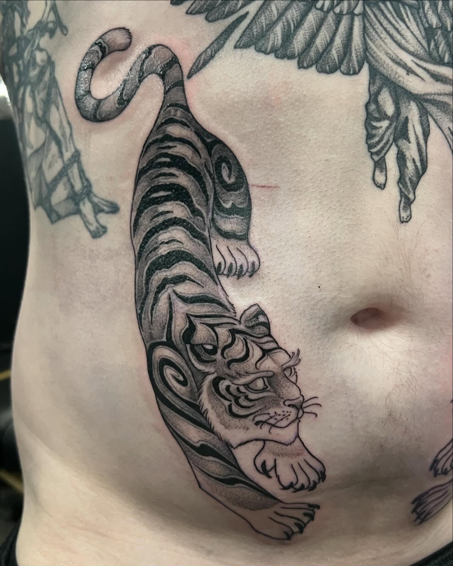 Tiger black and grey tattoo on the torso by Will Campbell