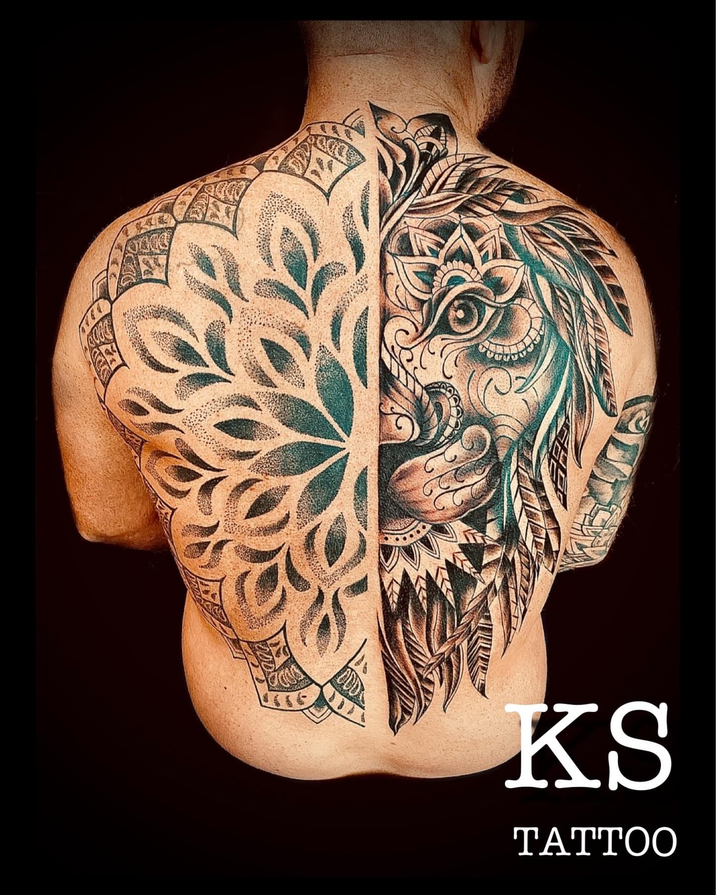 Lion and tree dotwork tattoo on the back by Karen Smith
