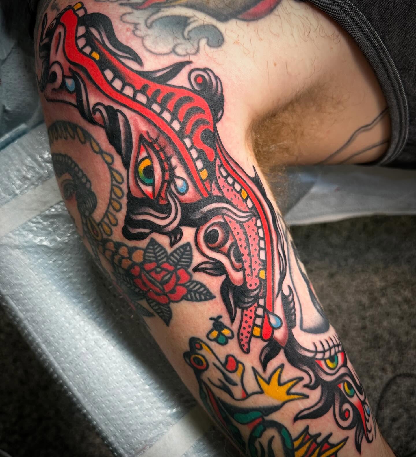 Dragon American traditional tattoo on the forearm by Nathan Rohrbacher, Nashville, Tennessee