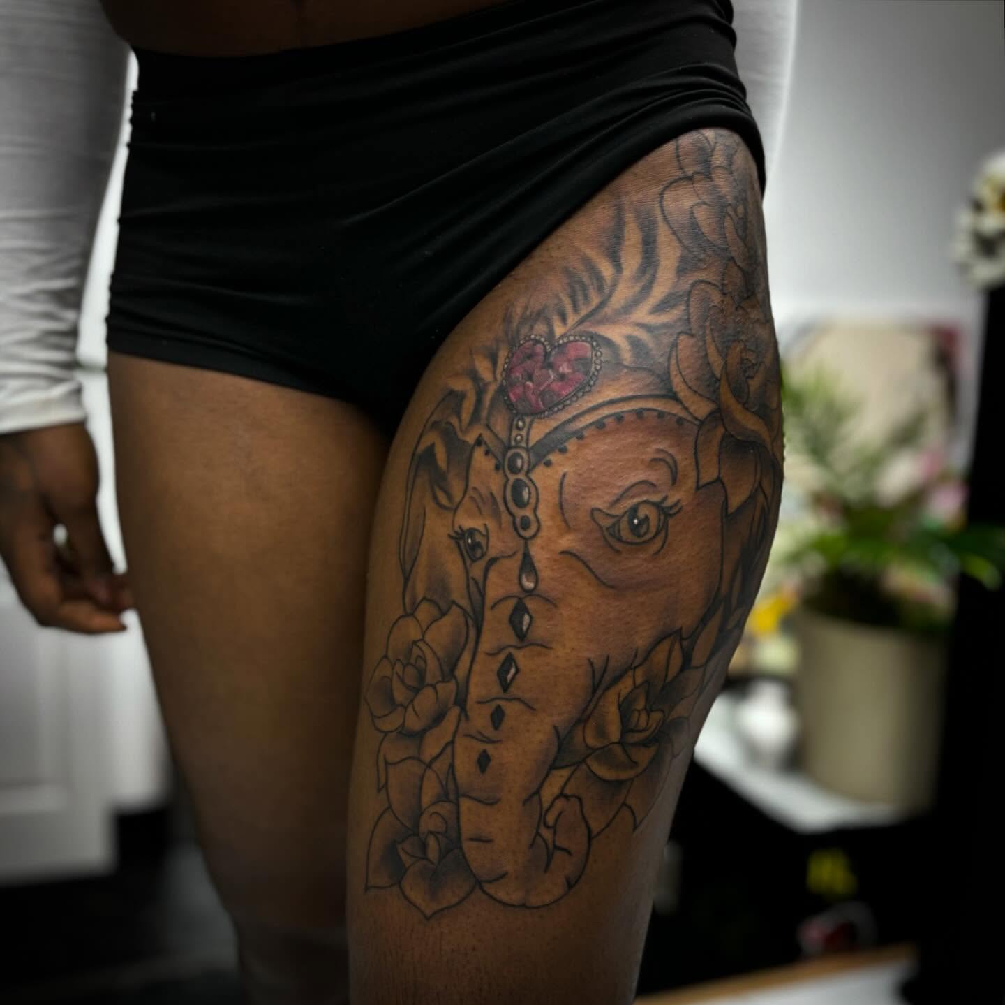Elephant with floral patterns dotwork tattoo on the thigh by π΅πππππ