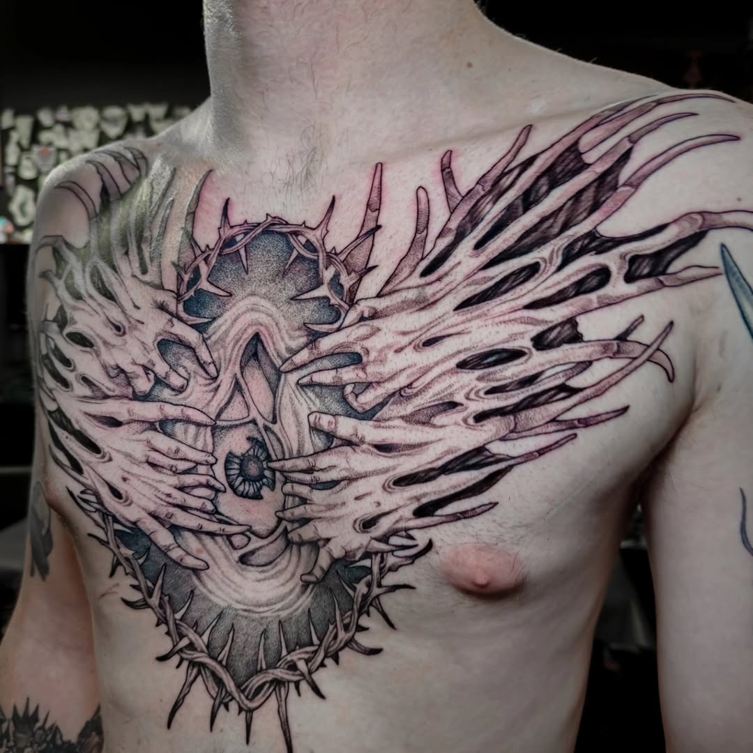 Tattoo by @eyeseedraws — black_and_grey, dark_realism