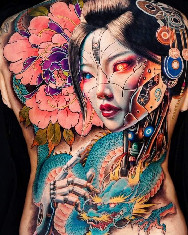 Geisha with dragon japanese irezumi tattoo on the torso by Vinny Holistic Ink