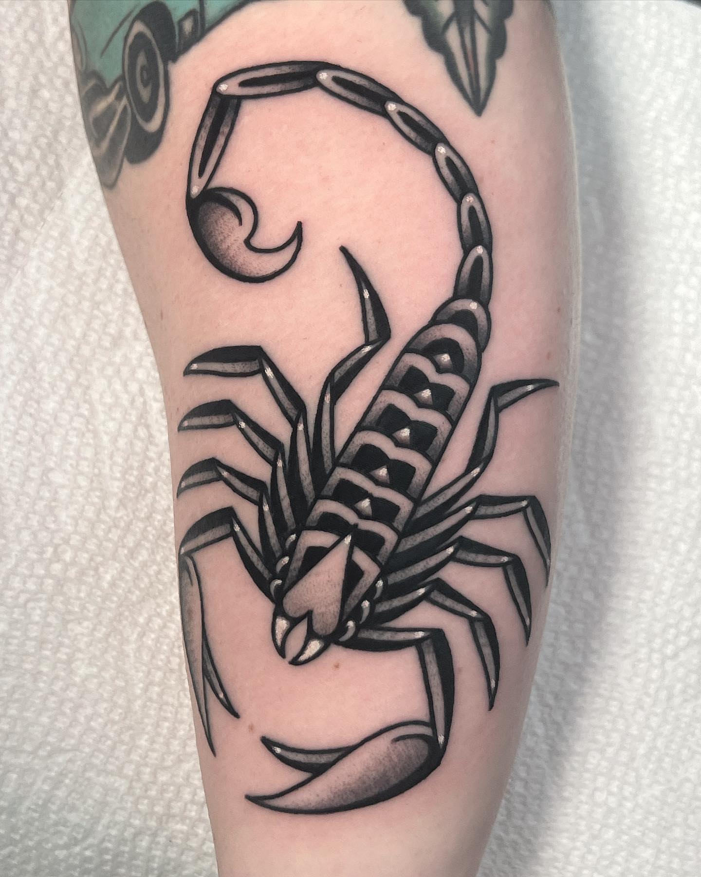 Scorpion black and grey tattoo on the forearm by Brice Hamm