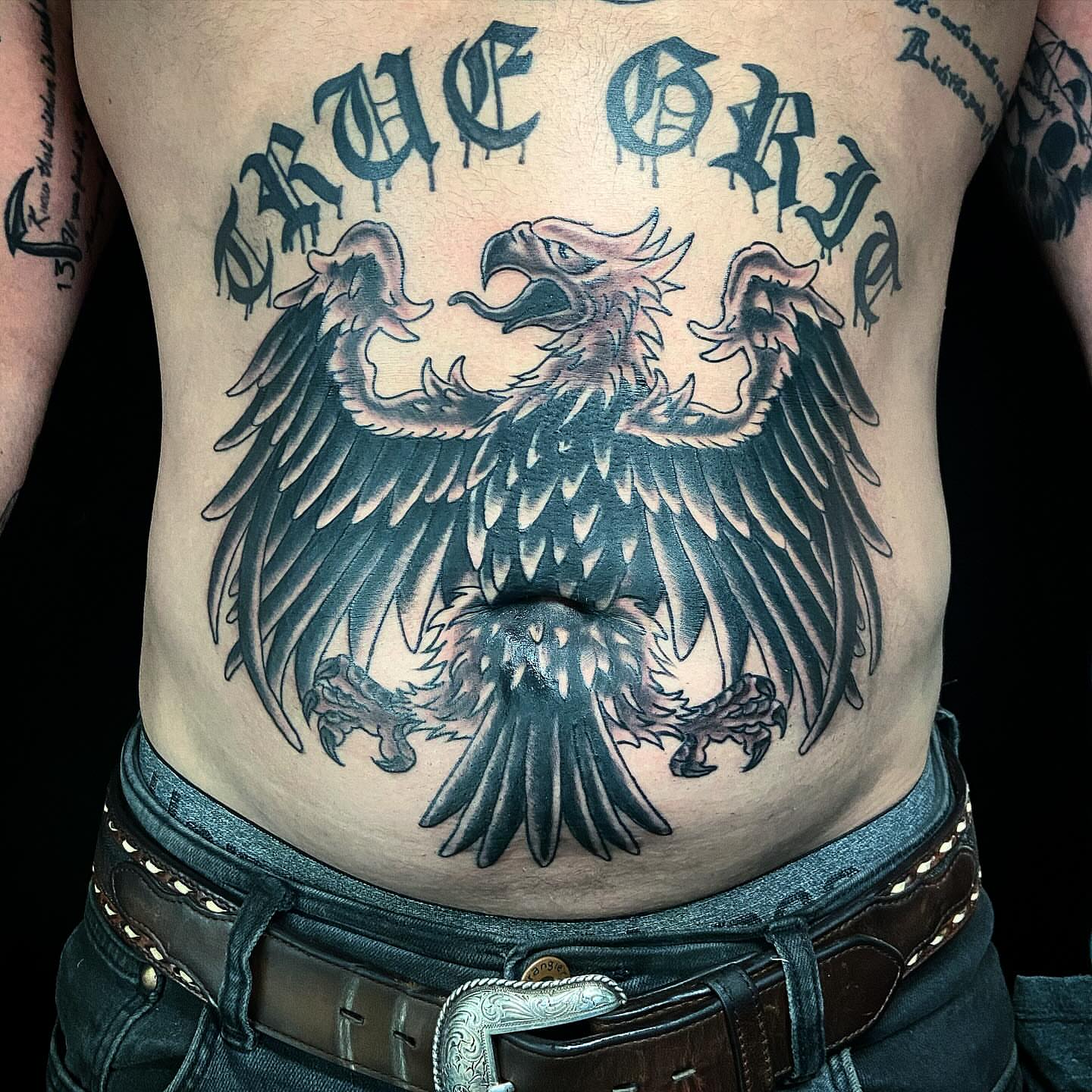 Eagle black and grey tattoo on the torso by Alex Citrone - Martha’s Vineyard Tattoo