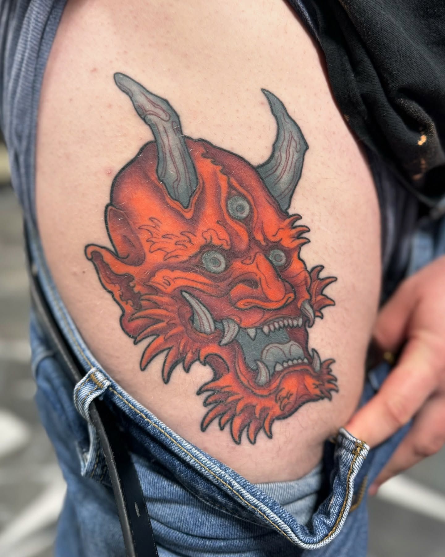 Demon head japanese irezumi tattoo on the shoulder by Suda