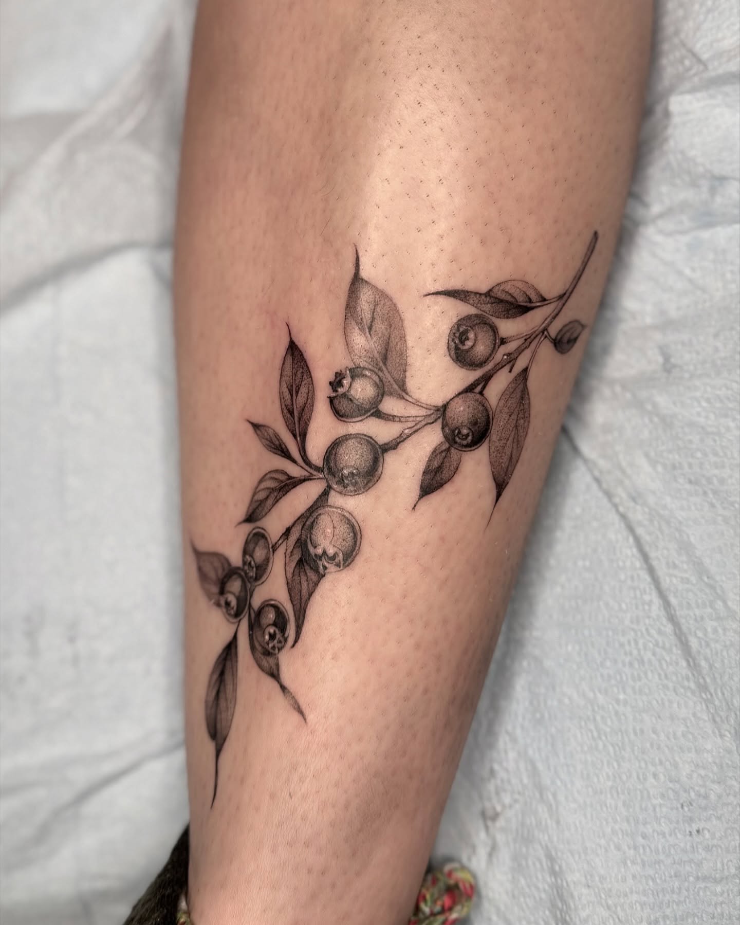 Berry branch black and grey tattoo on the forearm by Carla AKA Turnip girl