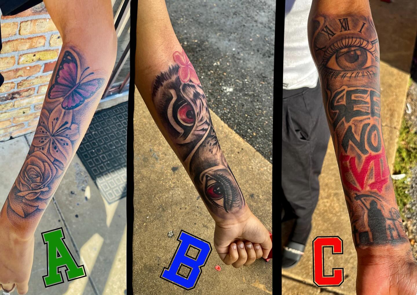 Eye and butterfly realism tattoo on the forearm by GrindHard Quen