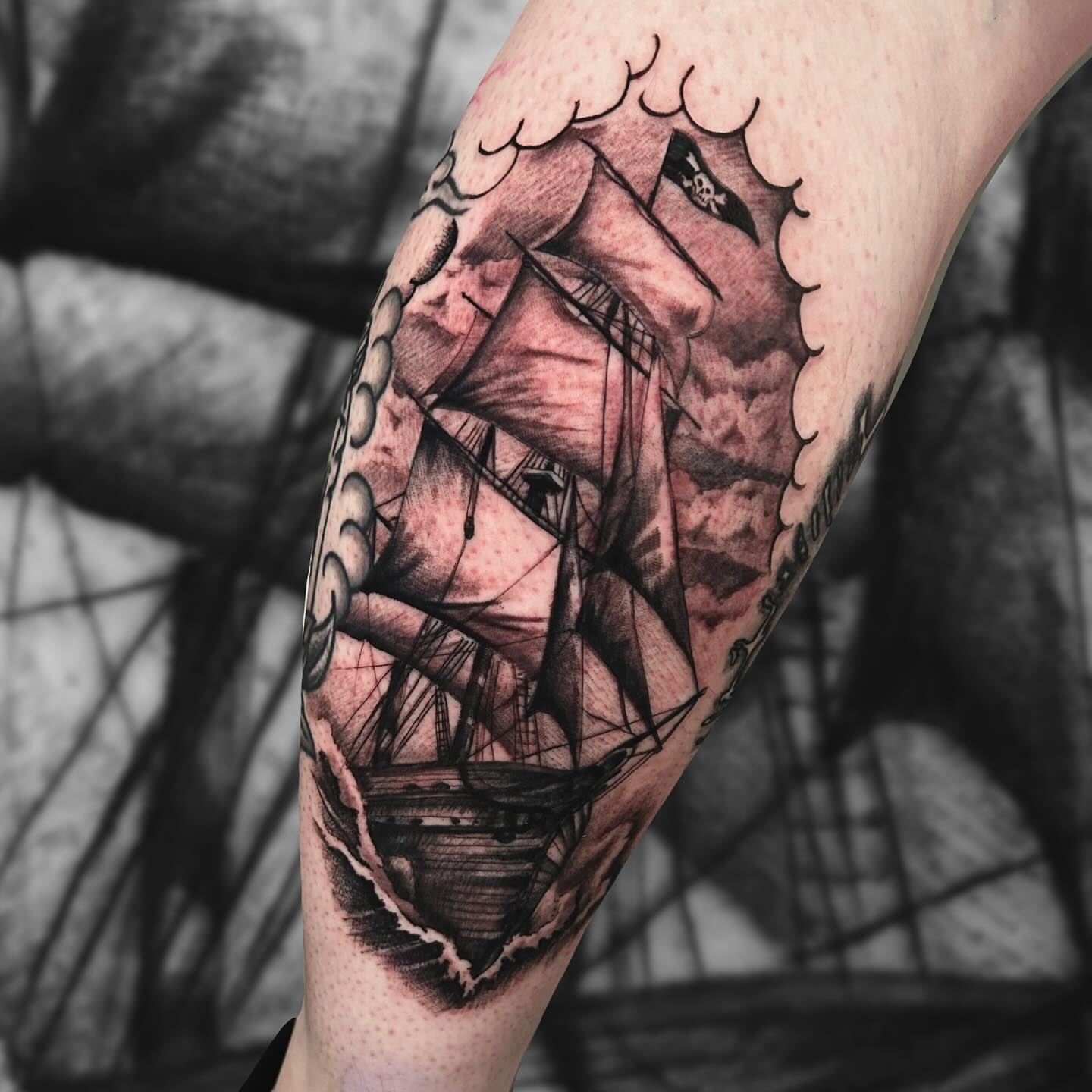 Pirate ship realism tattoo on the forearm by Dalton King Pensacola Tattooer