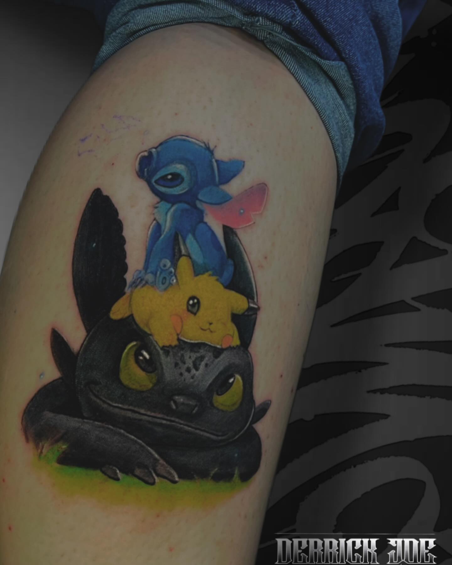 Cartoon characters realism tattoo on the thigh by Derrick Joe tattoos