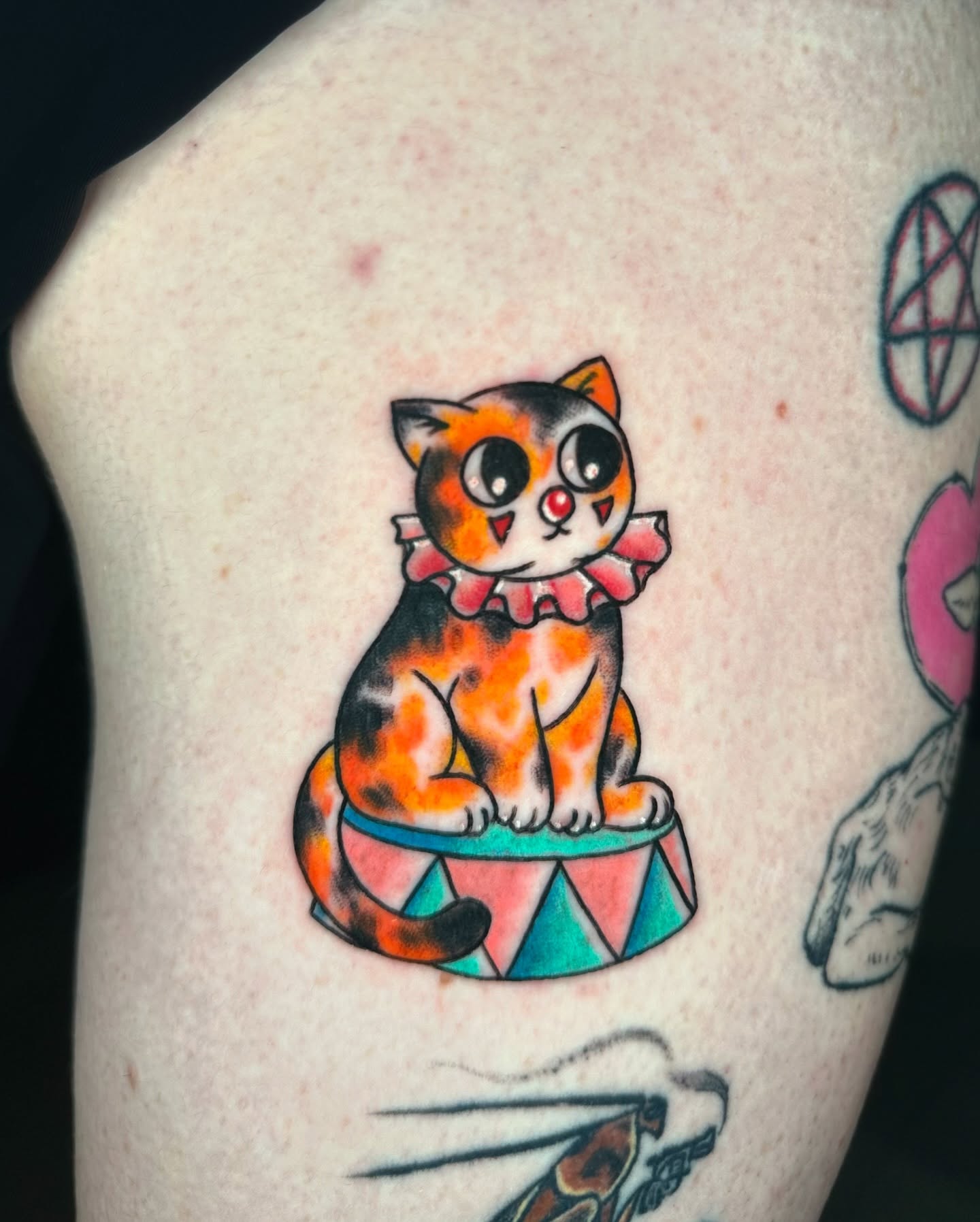 Cat new school tattoo on the thigh by Savy Rasor, Austin, Texas