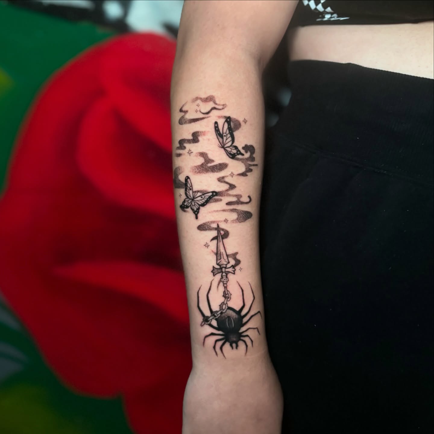 Insects and dagger black and grey tattoo on the forearm by 𝕊𝕒𝕞 ☪︎ ִ ࣪𖤐 𐦍 ☾𖤓