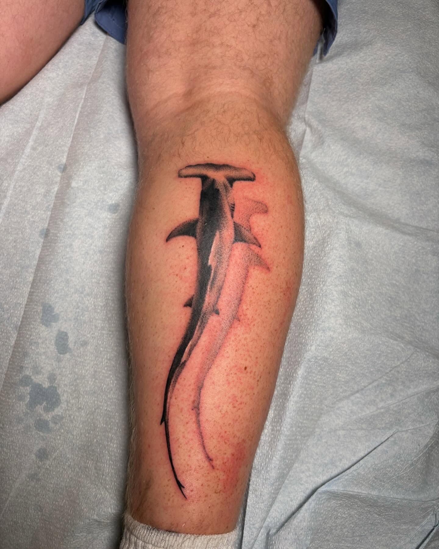Shark black and grey tattoo on the forearm by Nolan Croteau