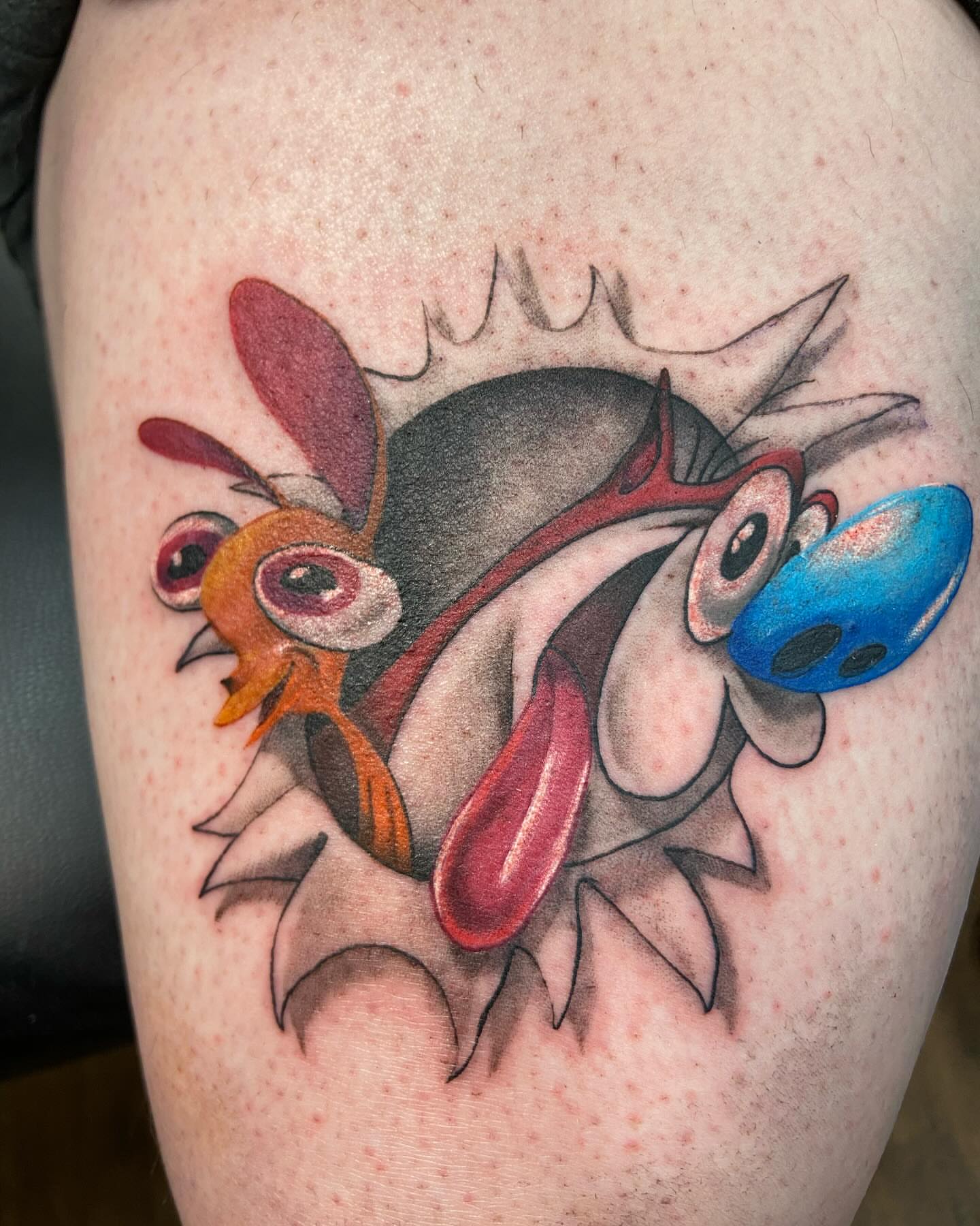 Chicken American traditional tattoo on the thigh by Slade Nowicki