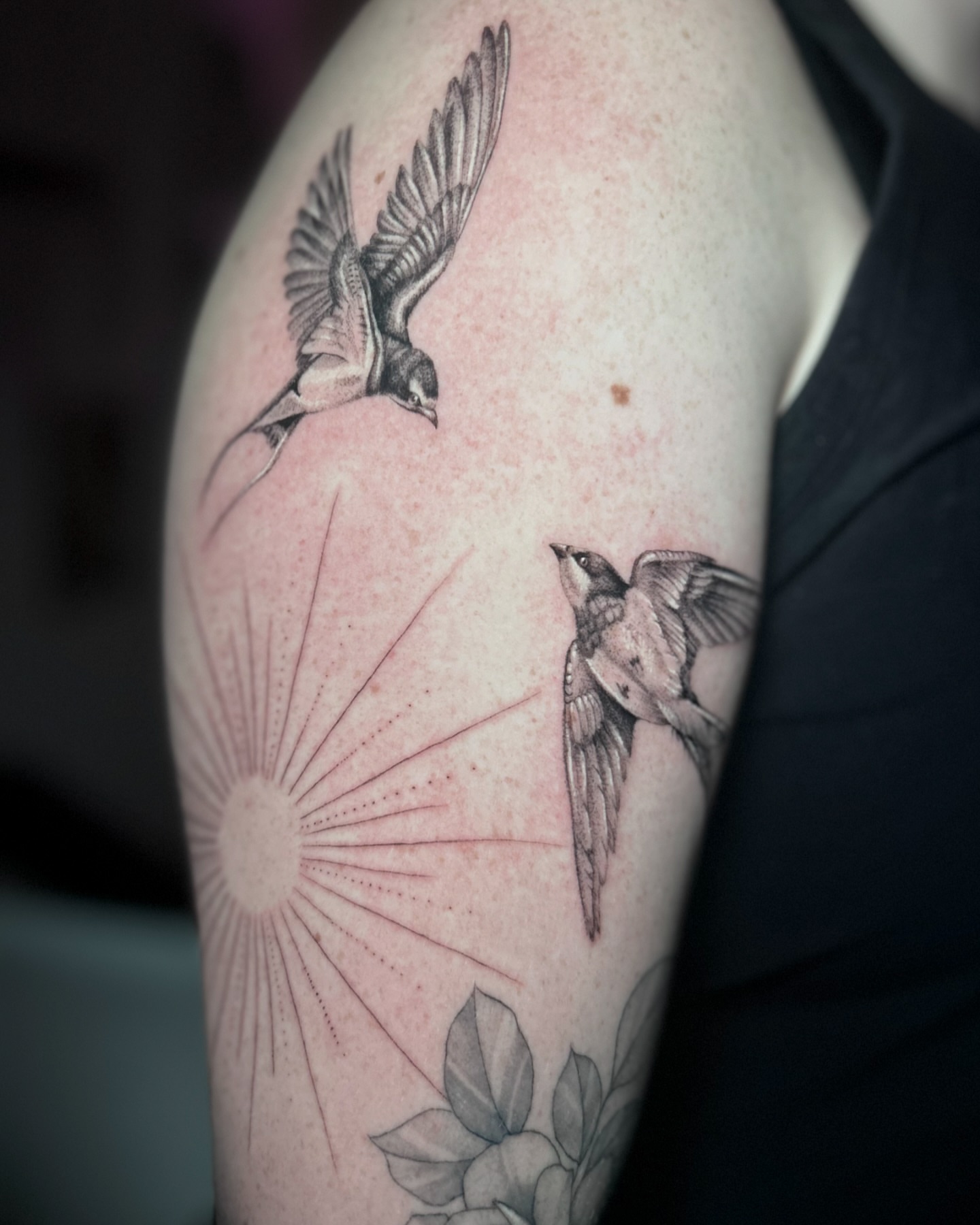 Birds flying towards sun dotwork tattoo on the shoulder by Bradi