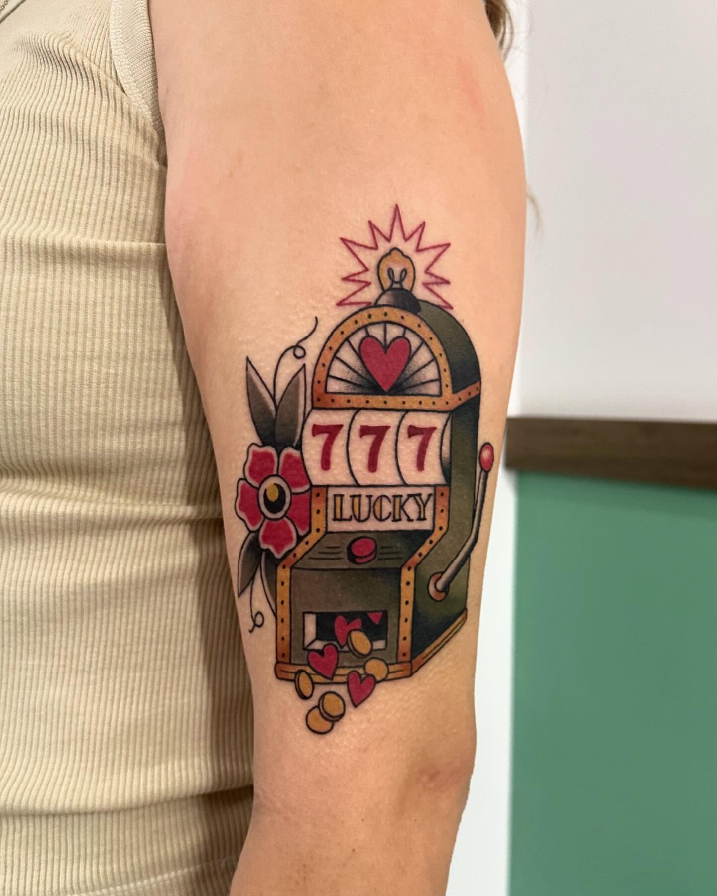 Slot machine American traditional tattoo on the forearm by Sierra Hiddleson- Phoenix Arizona Tattoo