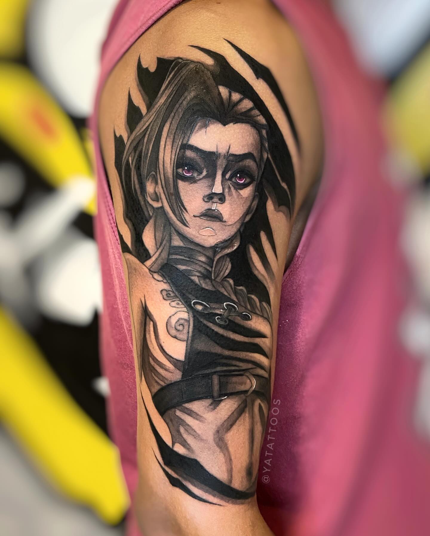 Anime character anime tattoo on the shoulder by Yasmin Almeida