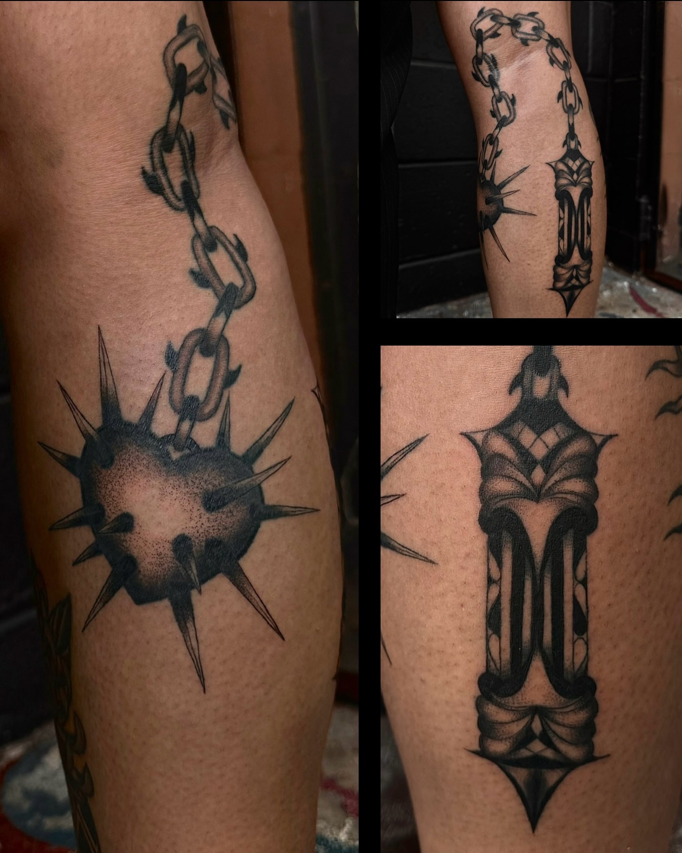 Spiked ball and chain dotwork tattoo on the forearm by Mika