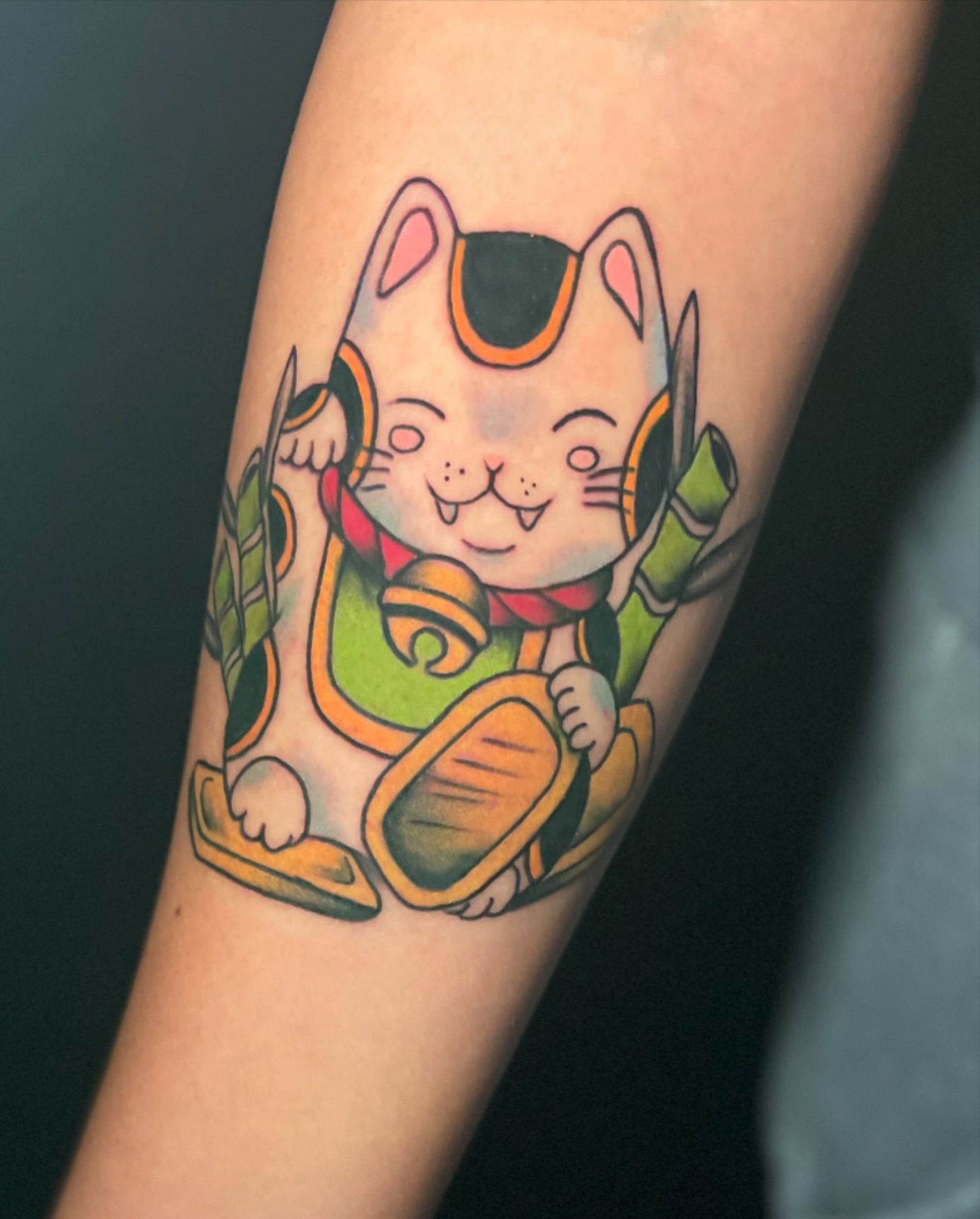 Cat American traditional tattoo on the forearm by Alex