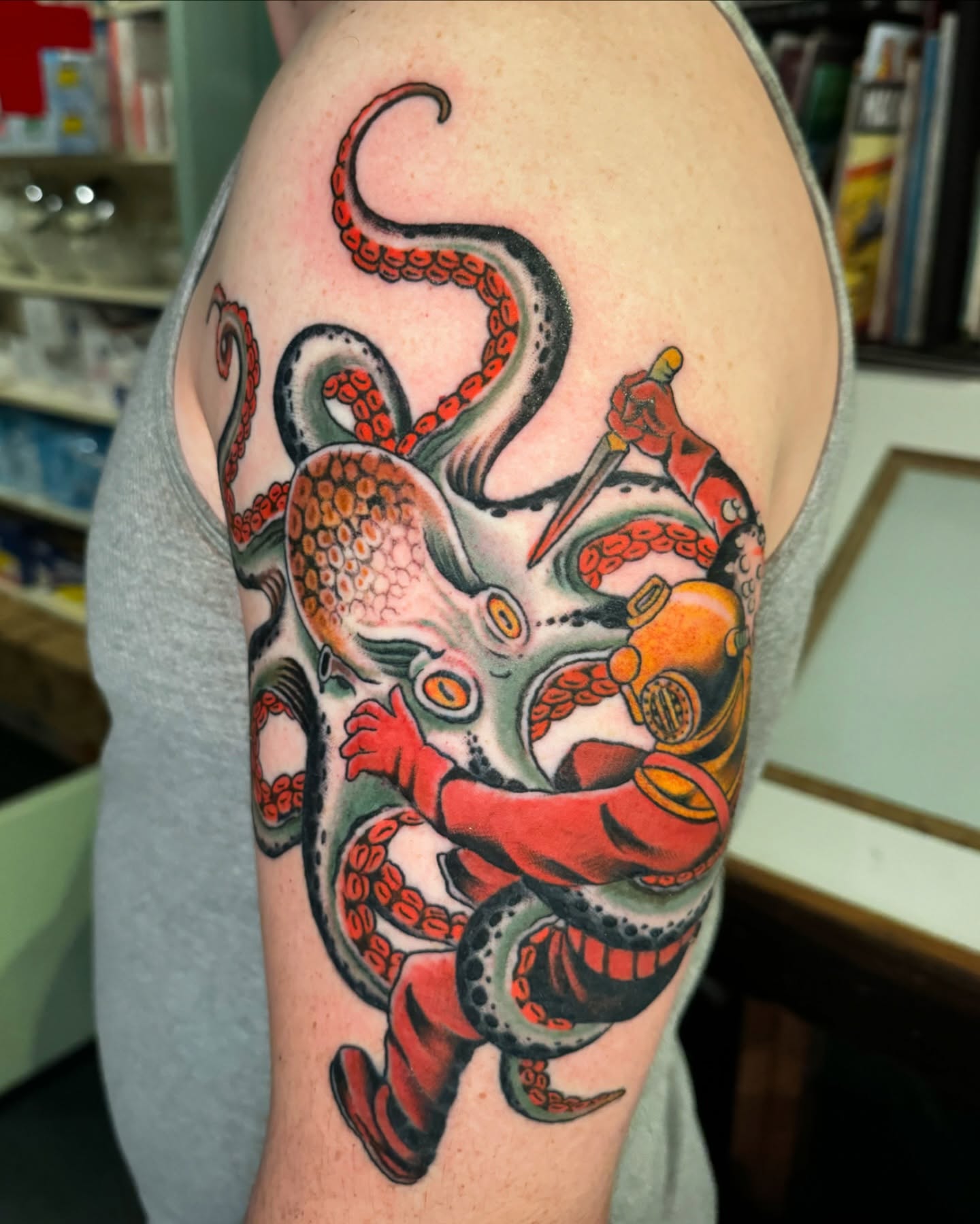 Octopus and samurai American traditional tattoo on the forearm by Pavel