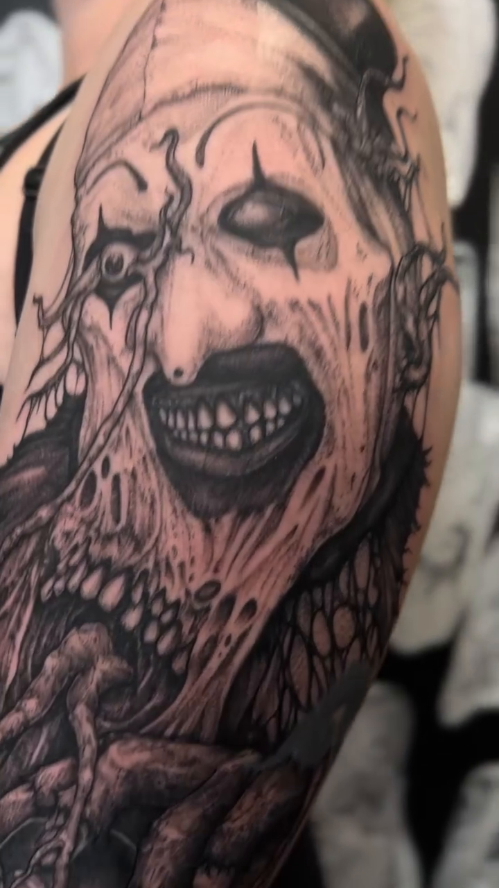 Art the Clown dark realism tattoo by Kyle Black