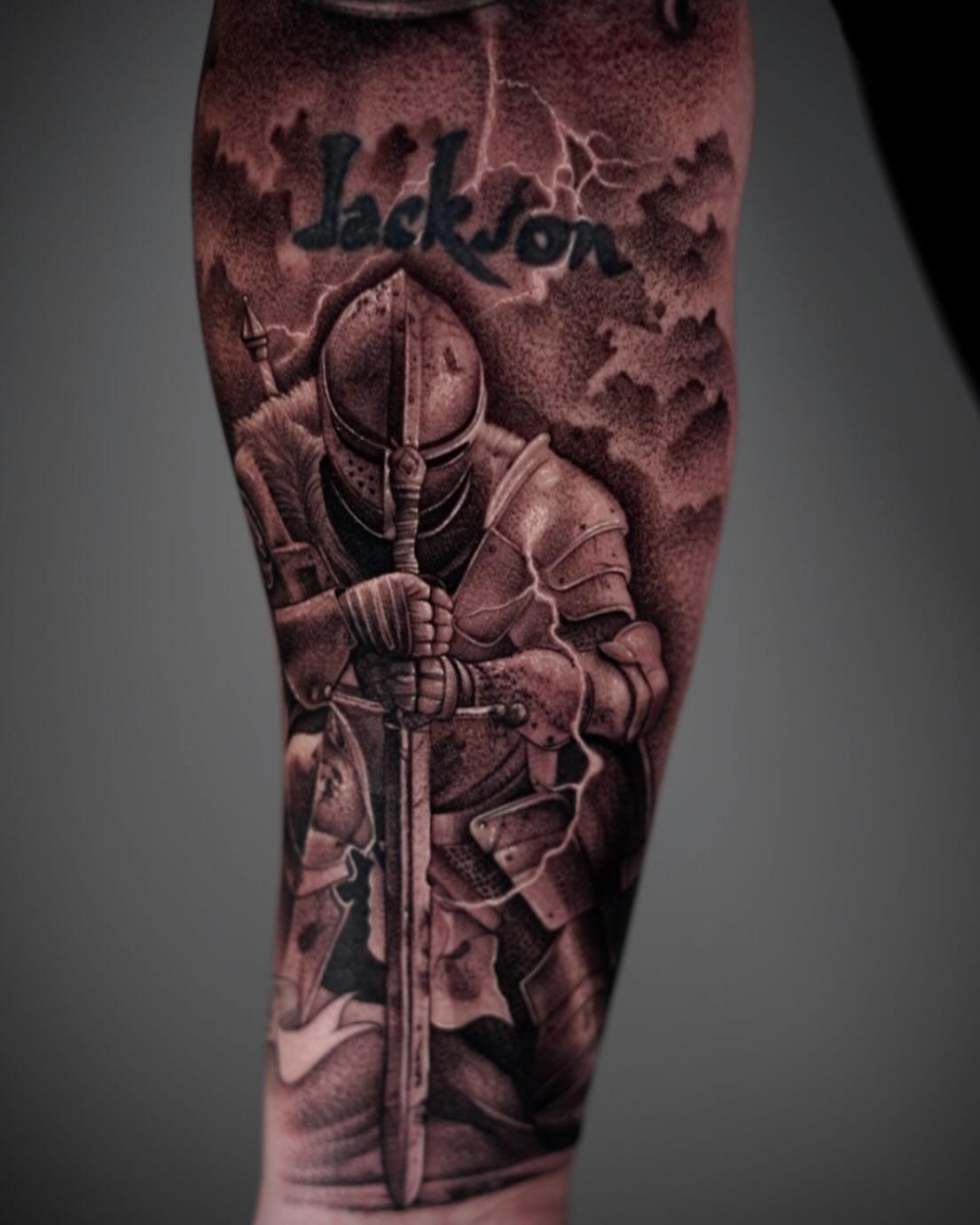 Knight with sword realism tattoo on the forearm by DREW ROMERO - Colorado Tattoo Artist, Pueblo, Colorado