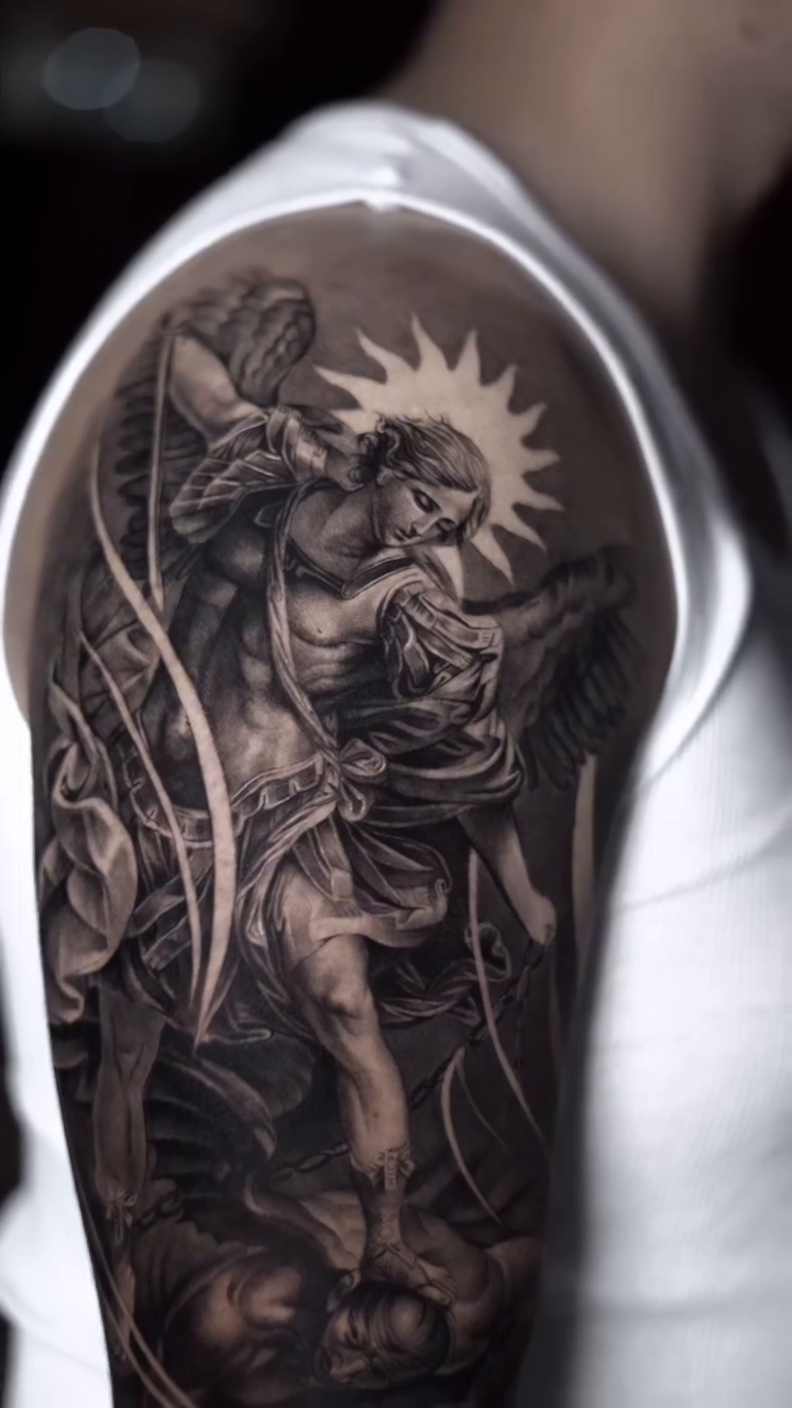Archangel Michael realism tattoo by Sara Nieto.