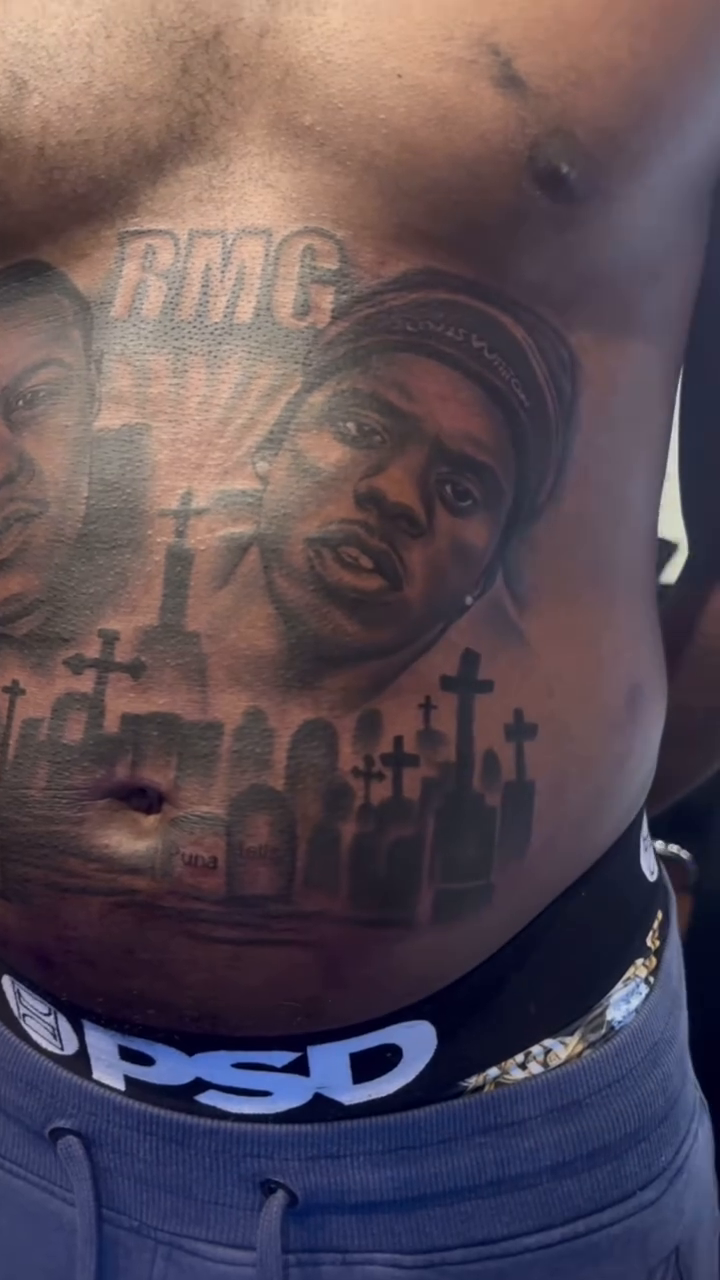 Rapper portrait and graveyard realism tattoo by Chicago Tattoo Artist