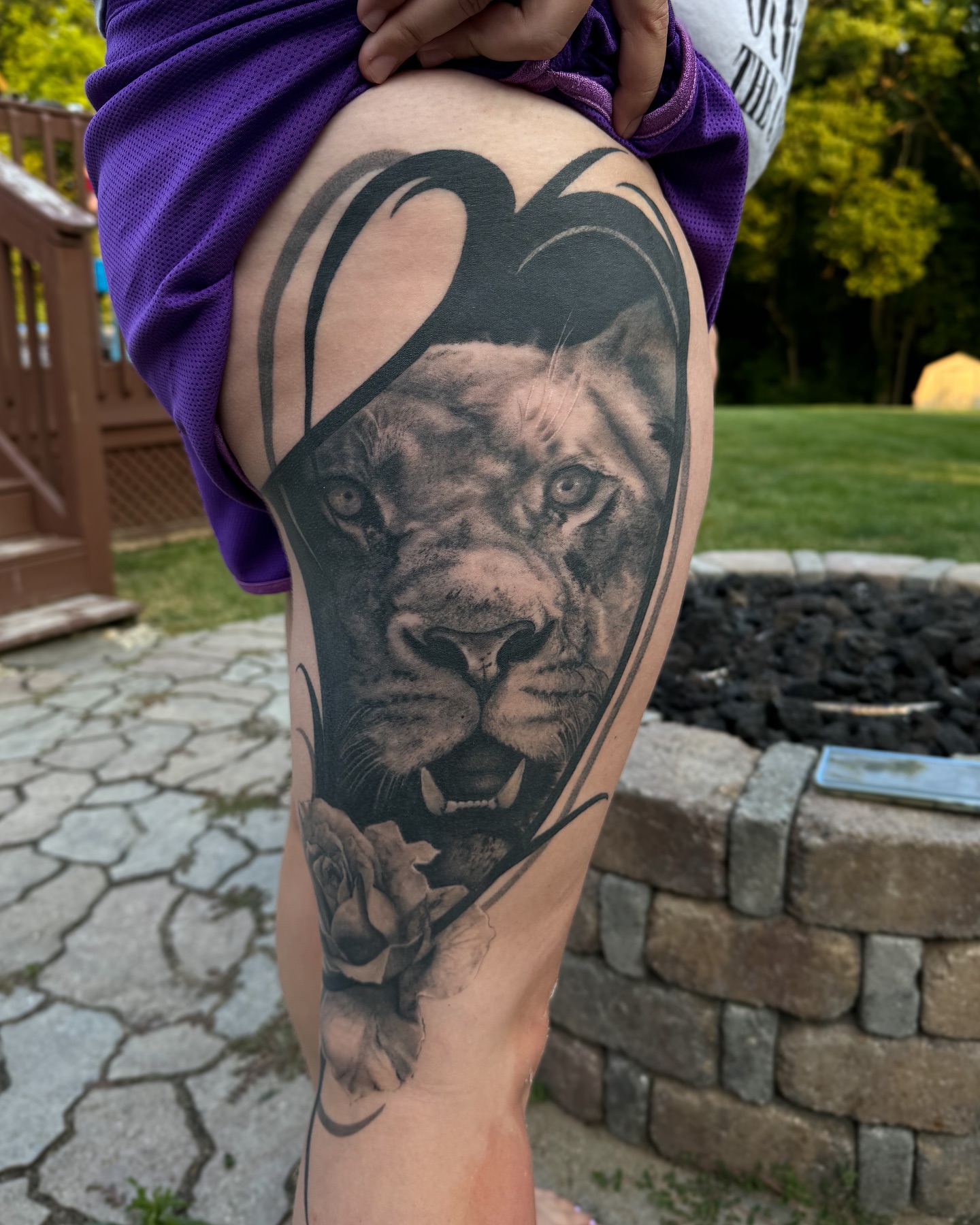 Lion and rose realism tattoo on the thigh by Ohio Tattoo Artist - Tehya Maxwell, Springfield, Ohio