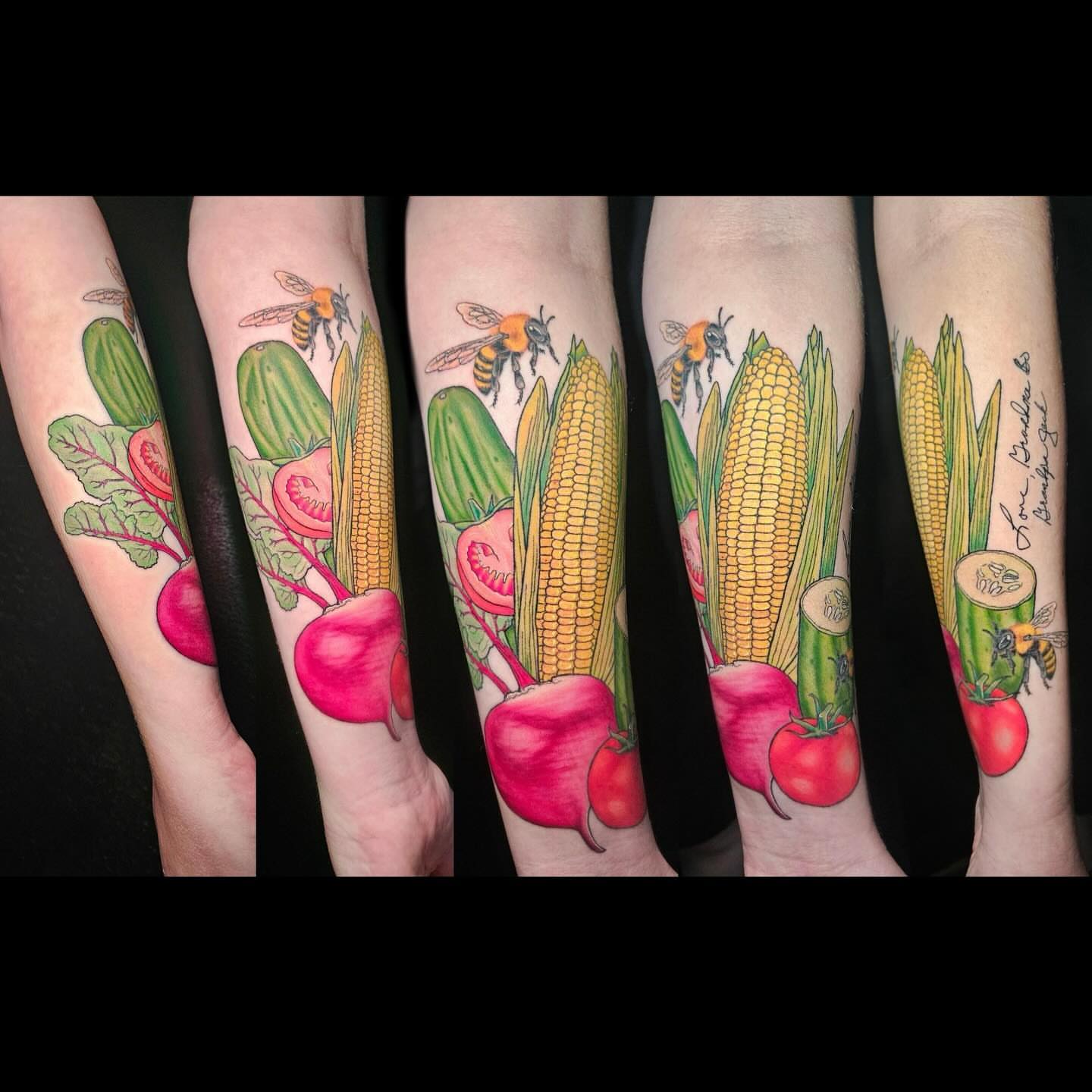 Vegetables and bees realism tattoo on the forearm by Nicole Bett