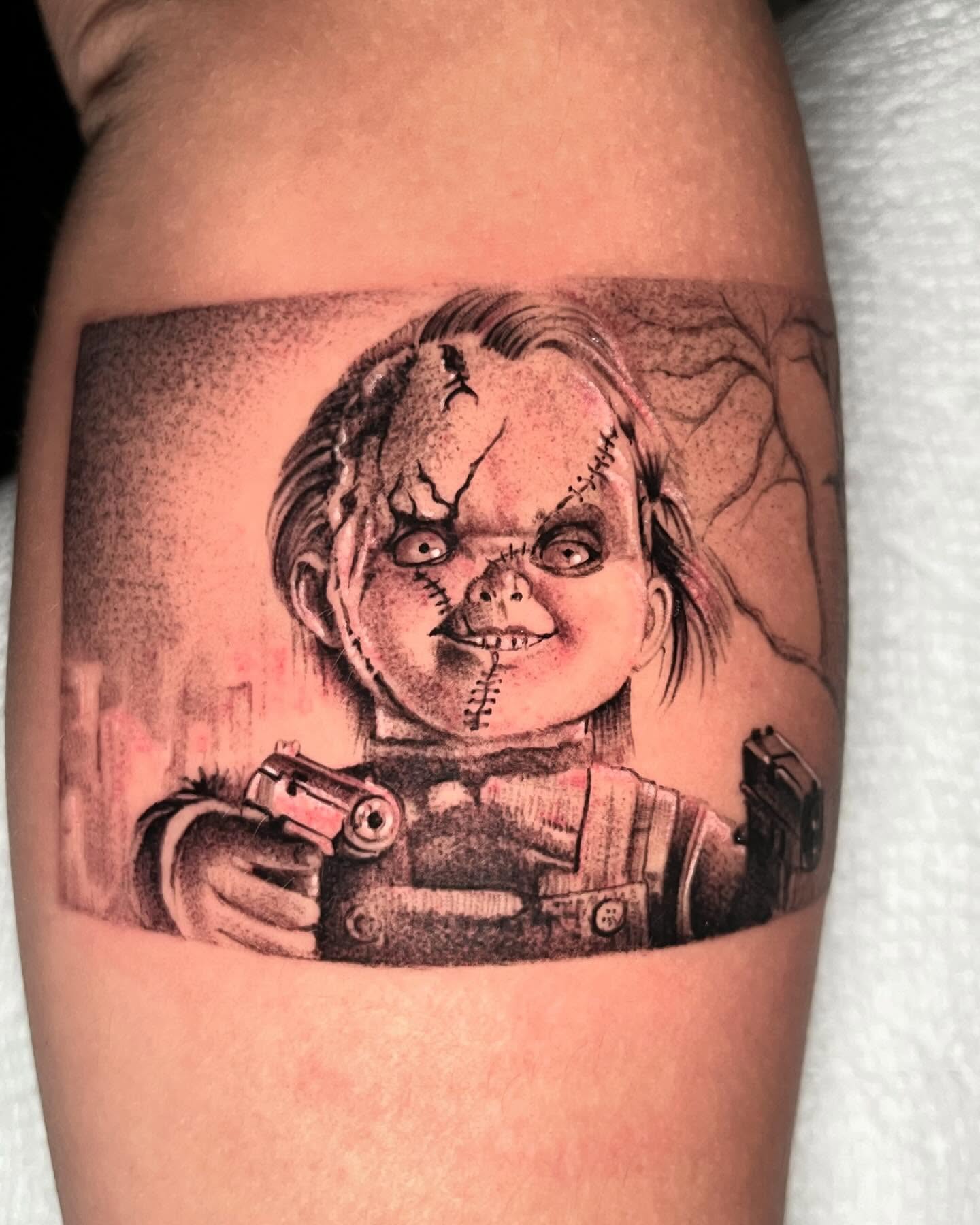 Chucky doll dotwork tattoo on the forearm by Single Needle ๐ชฉ