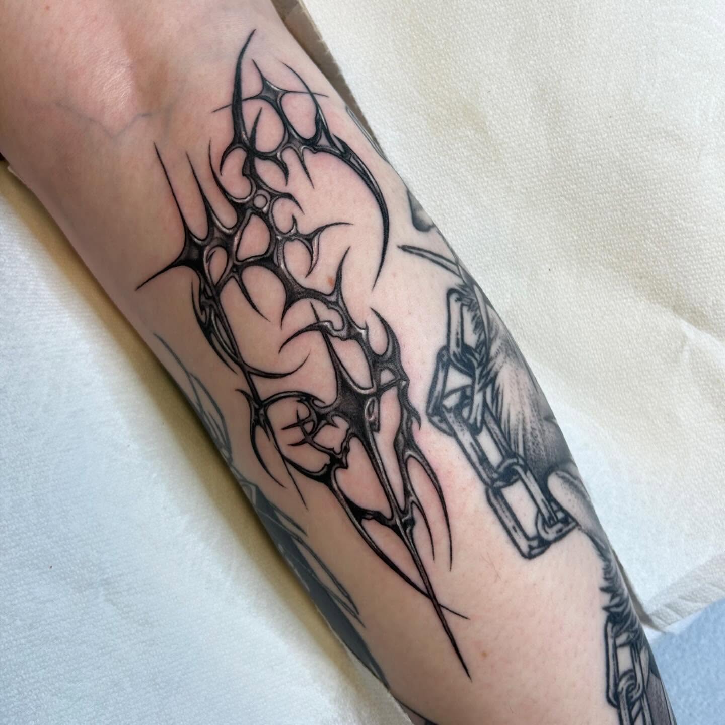 Spiderweb black and grey tattoo on the forearm by ♡︎ Kaylie ♡︎, Tacoma, Washington