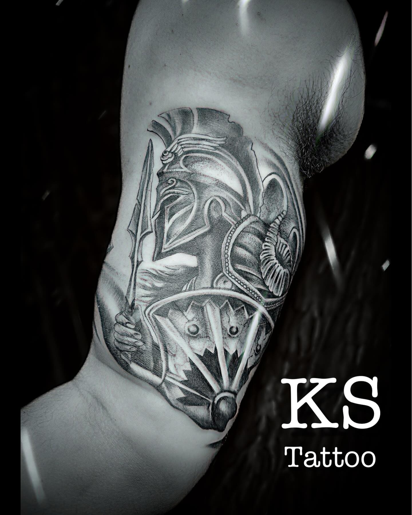 Spartan warrior realism tattoo on the shoulder by Karen Smith
