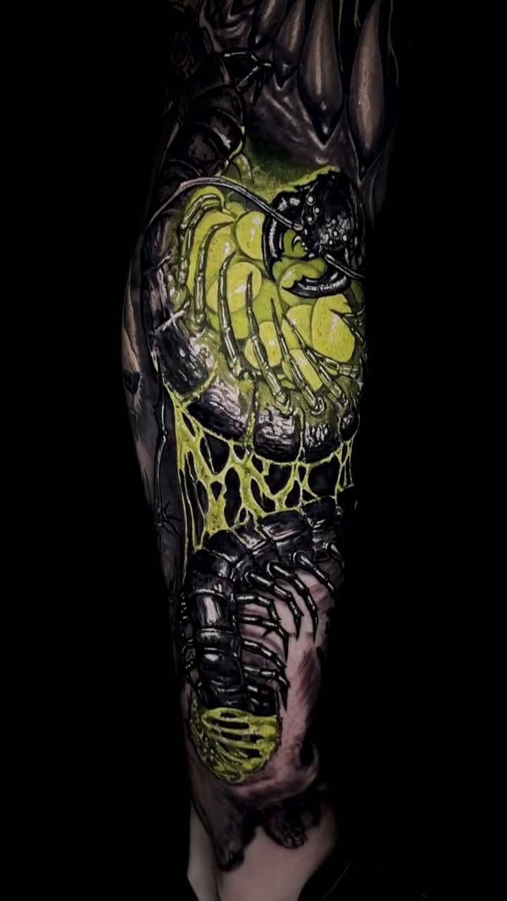 Biomechanical creature realism tattoo by Caitlyn Campbell