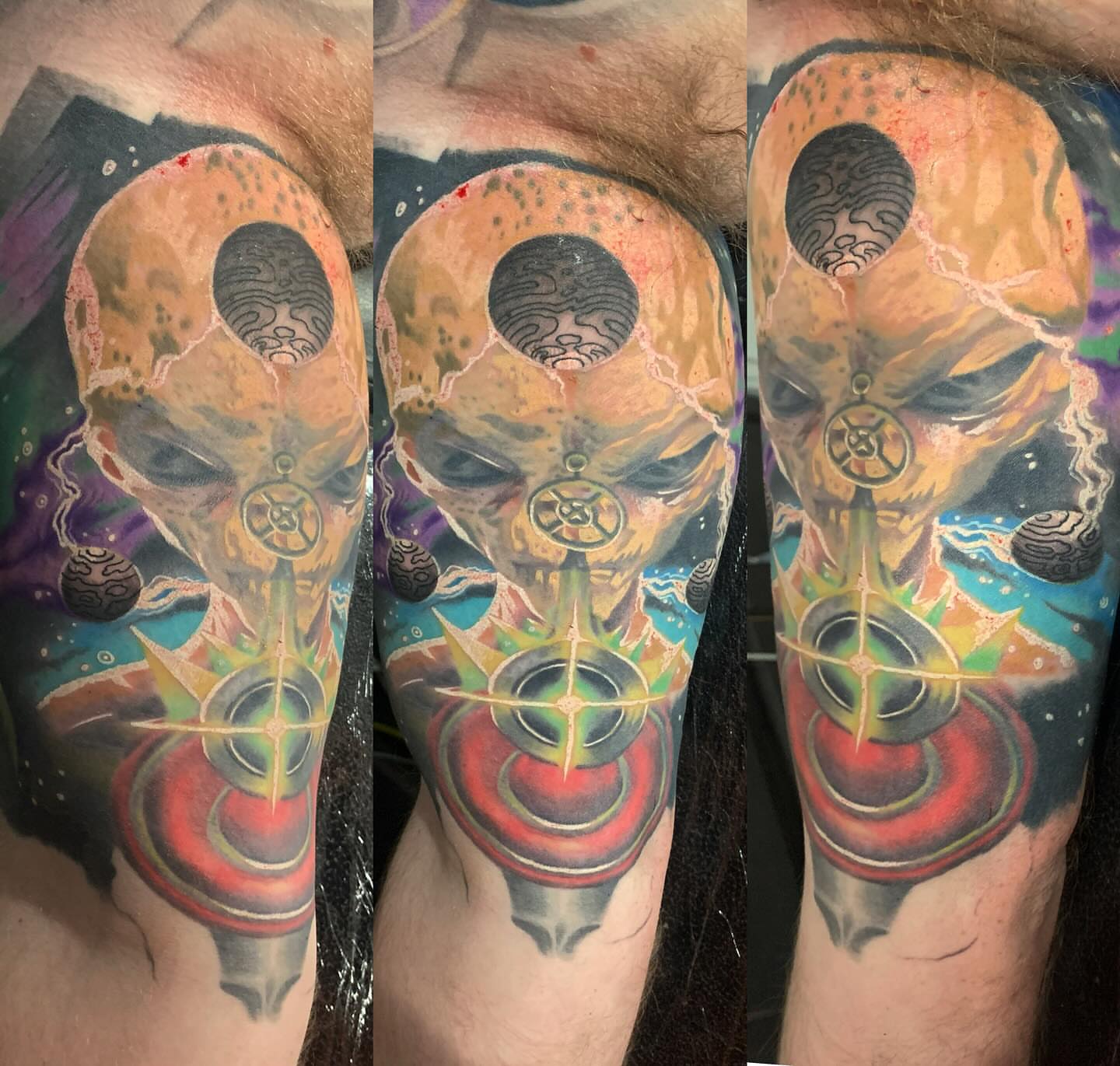Astronaut skull geometric tattoo on the forearm by marcus labonne