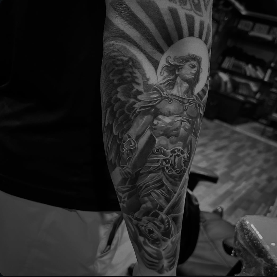 Angelic warrior realism tattoo on the forearm by Alex Cruz 707