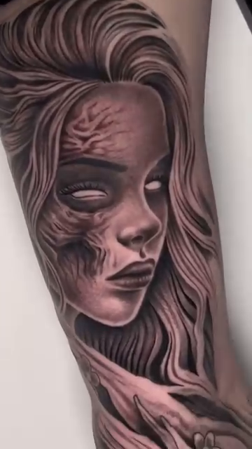 Woman's portrait with abstract elements realism tattoo by Clayderman