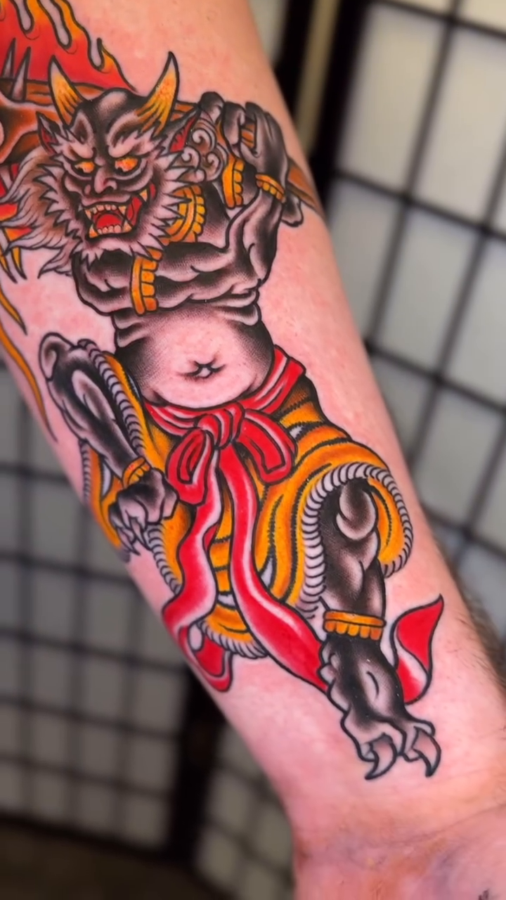 Demon with flames japanese irezumi tattoo by Mario Arcila