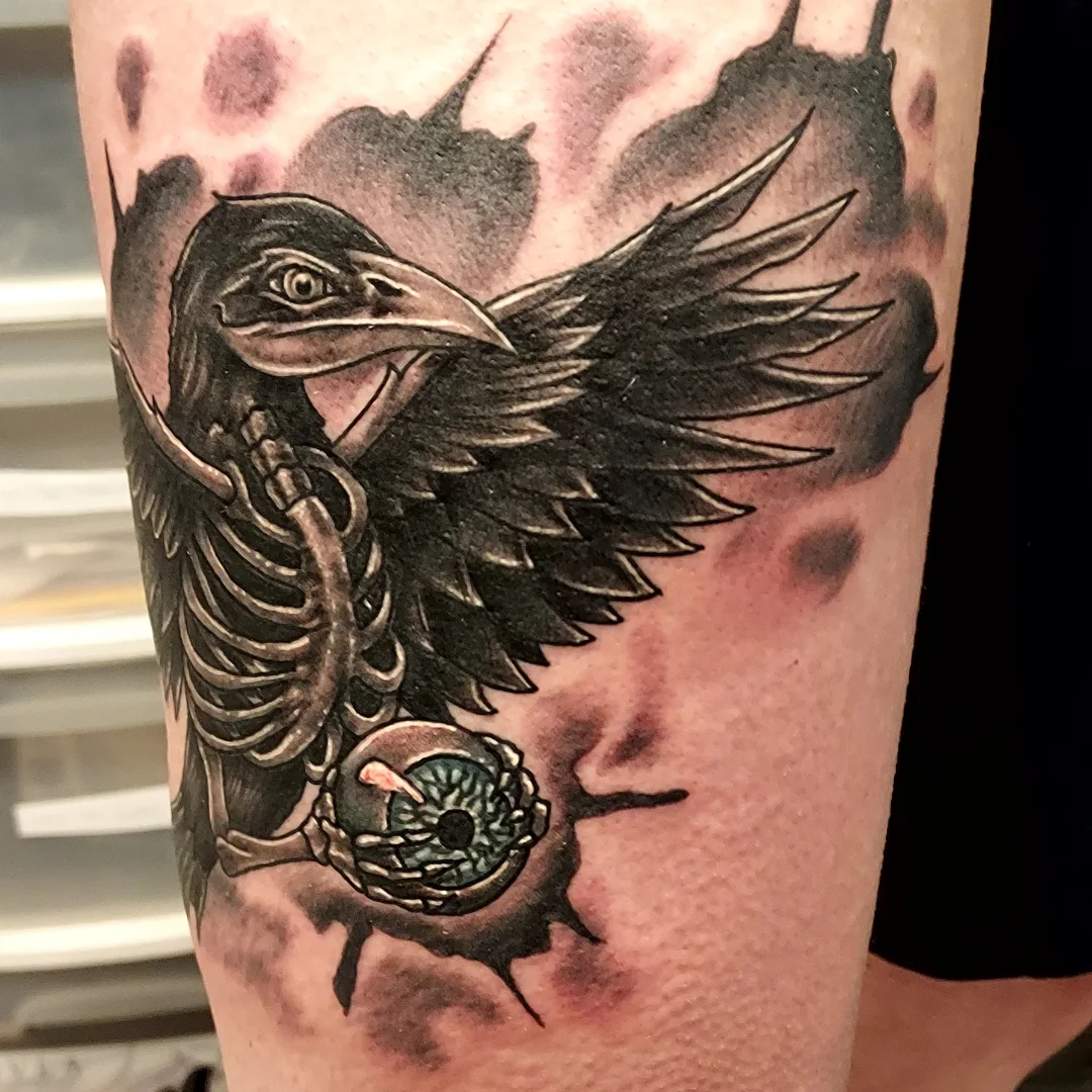Crow skeleton realism tattoo on the forearm by Dave Johnson, Billings, Montana
