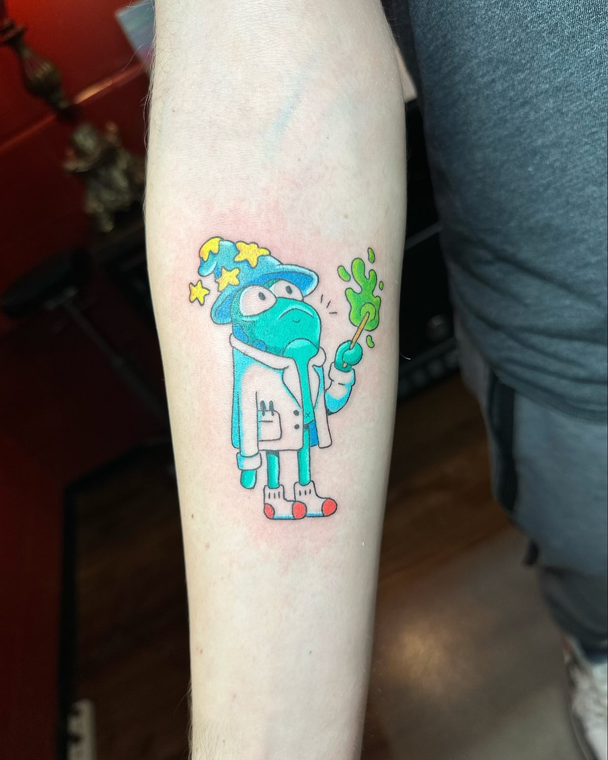 Wizard new school tattoo on the forearm by Kellie Burch