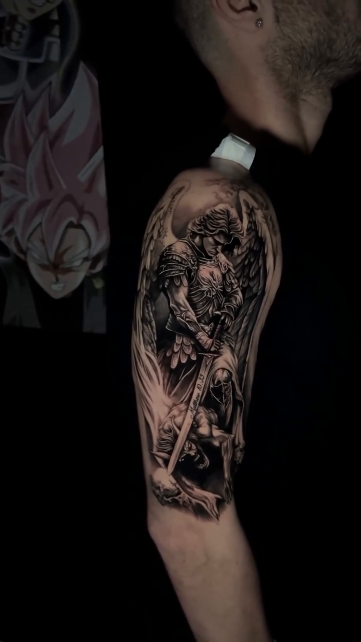 Angel with sword and skull dark realism tattoo by Tommy Nguyen, Eastpointe, Michigan