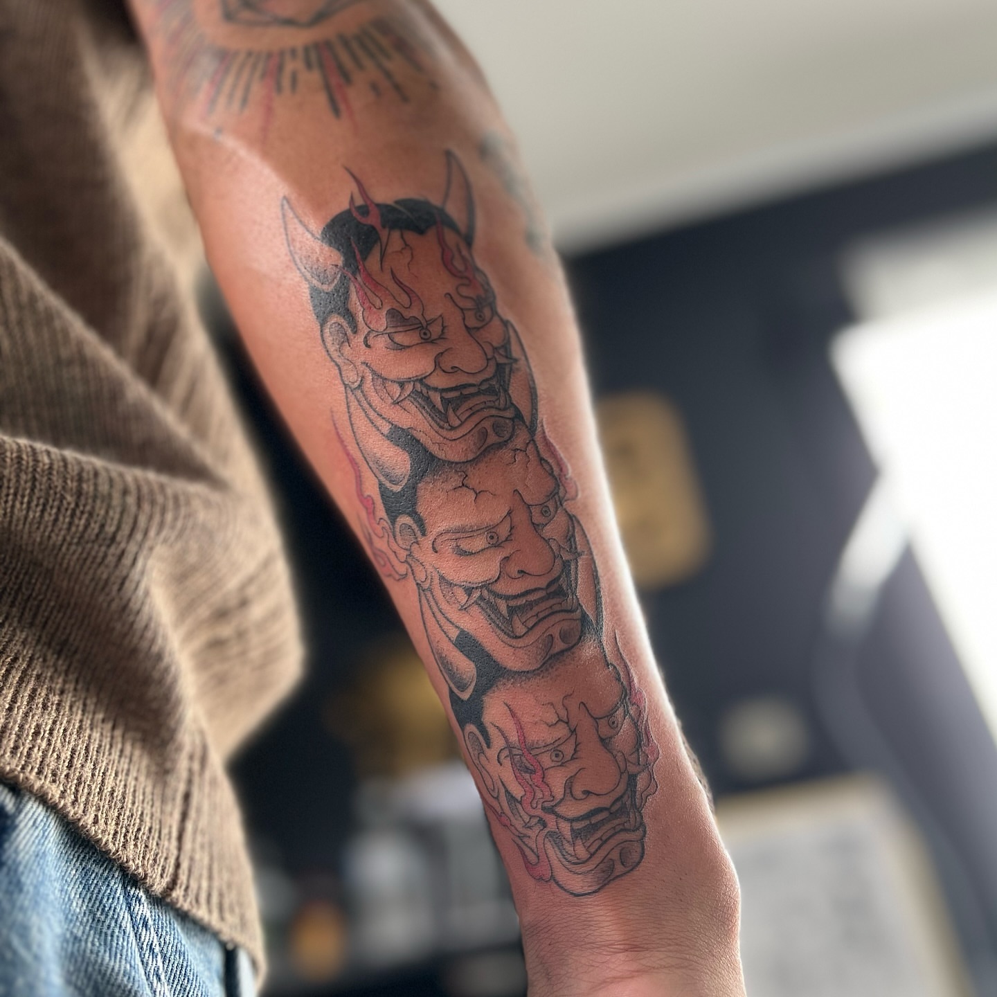 Demon mask japanese irezumi tattoo on the forearm by Dom