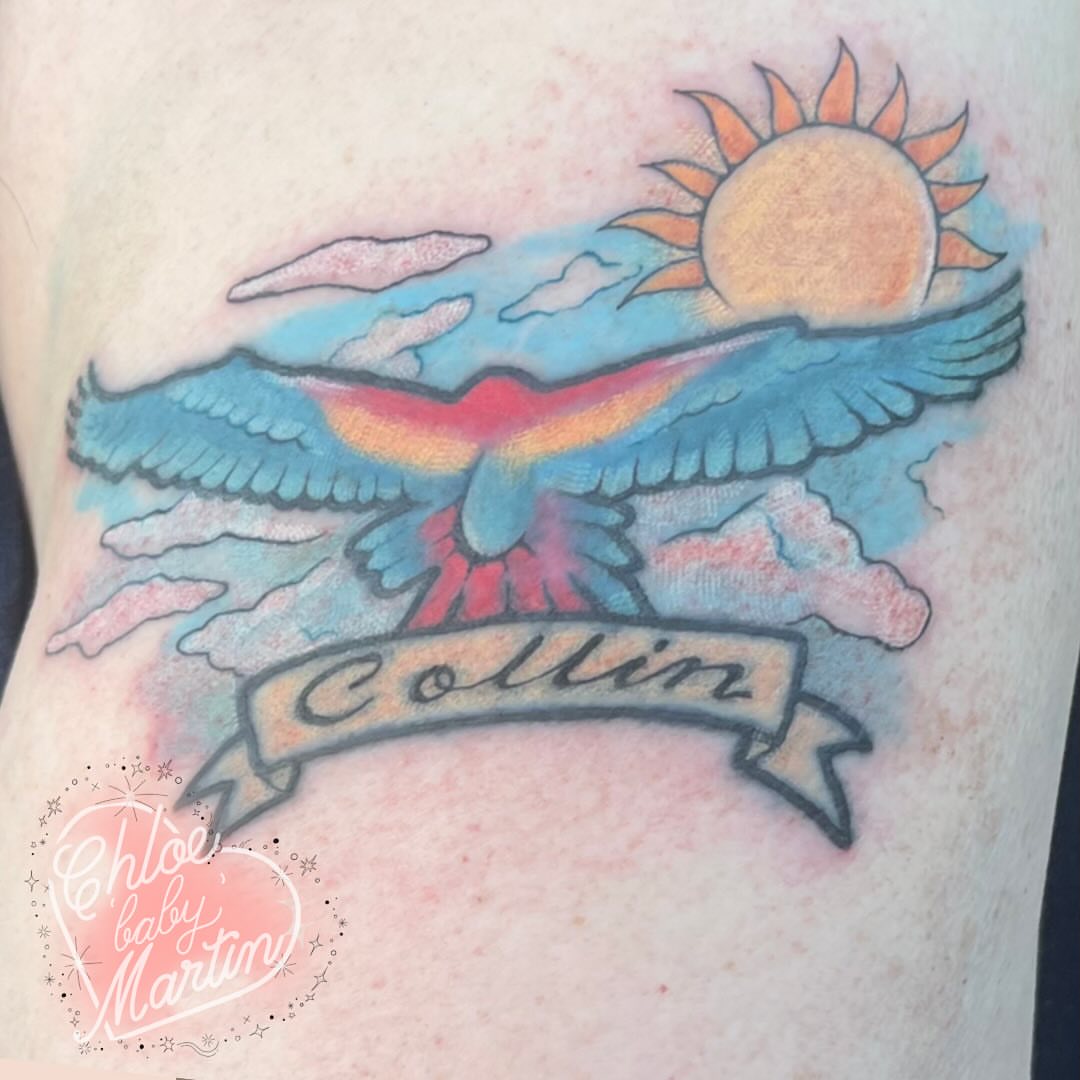 Eagle and sun American traditional tattoo on the thigh by Chloe ‘baby’ Martin