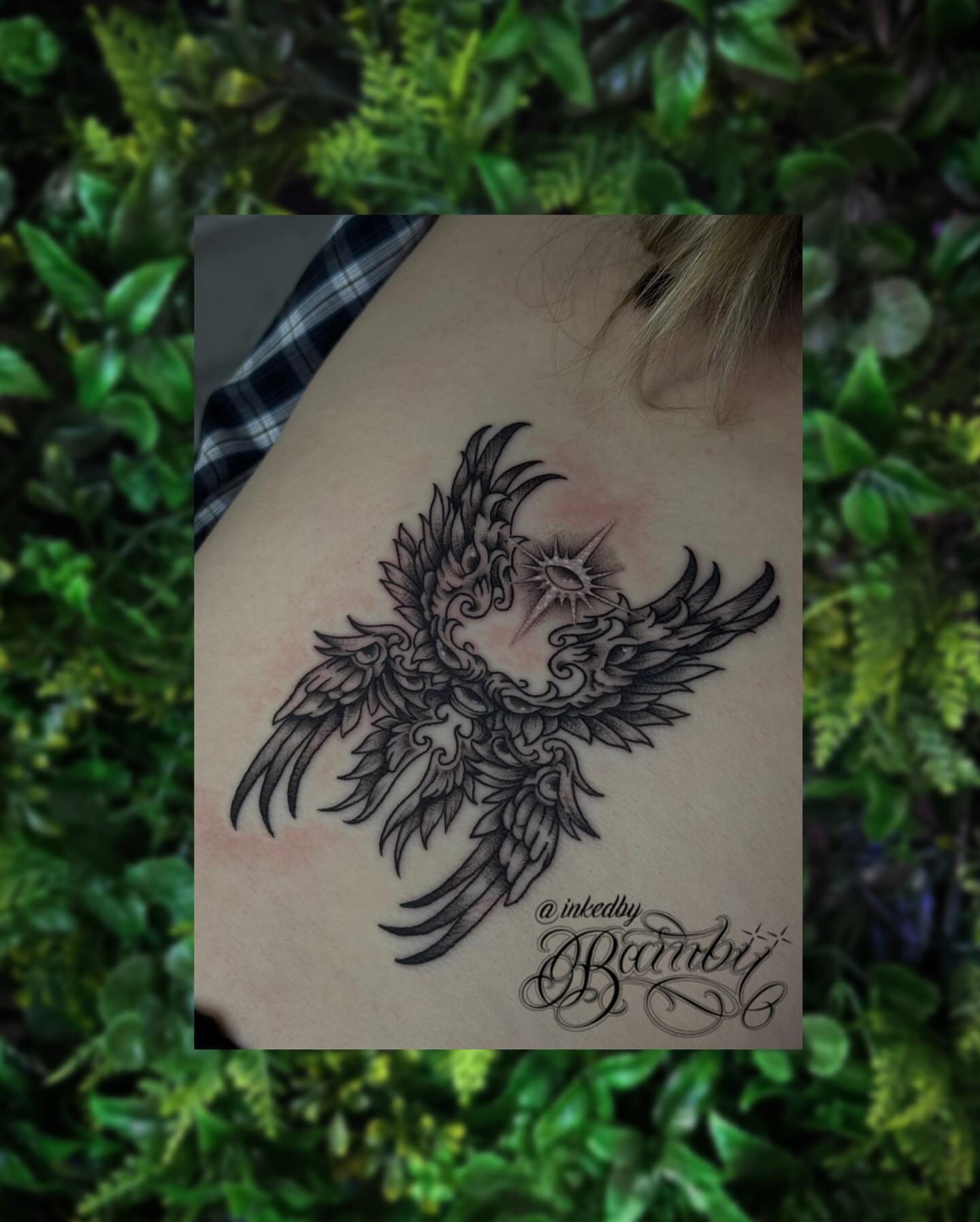 Phoenix black and grey tattoo on the shoulder by Ember