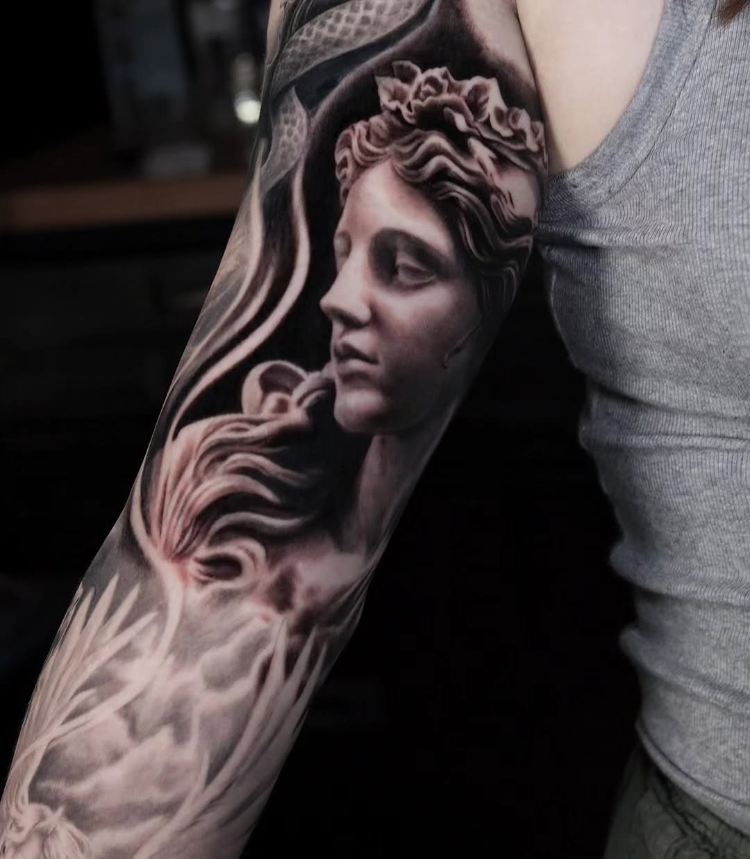 Bust of a woman realism tattoo on the forearm by Brandon Rabago, Fort Worth, Texas