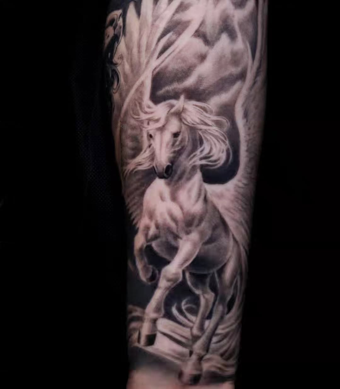 Pegasus realism tattoo on the forearm by Brandon Rabago, Fort Worth, Texas