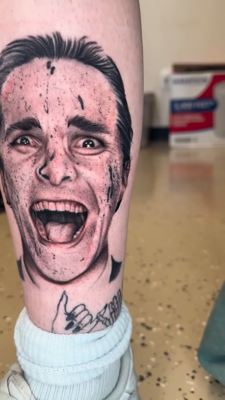Christian Bale as Patrick Bateman realism tattoo by Ian Chancellor, Leighton Buzzard, England