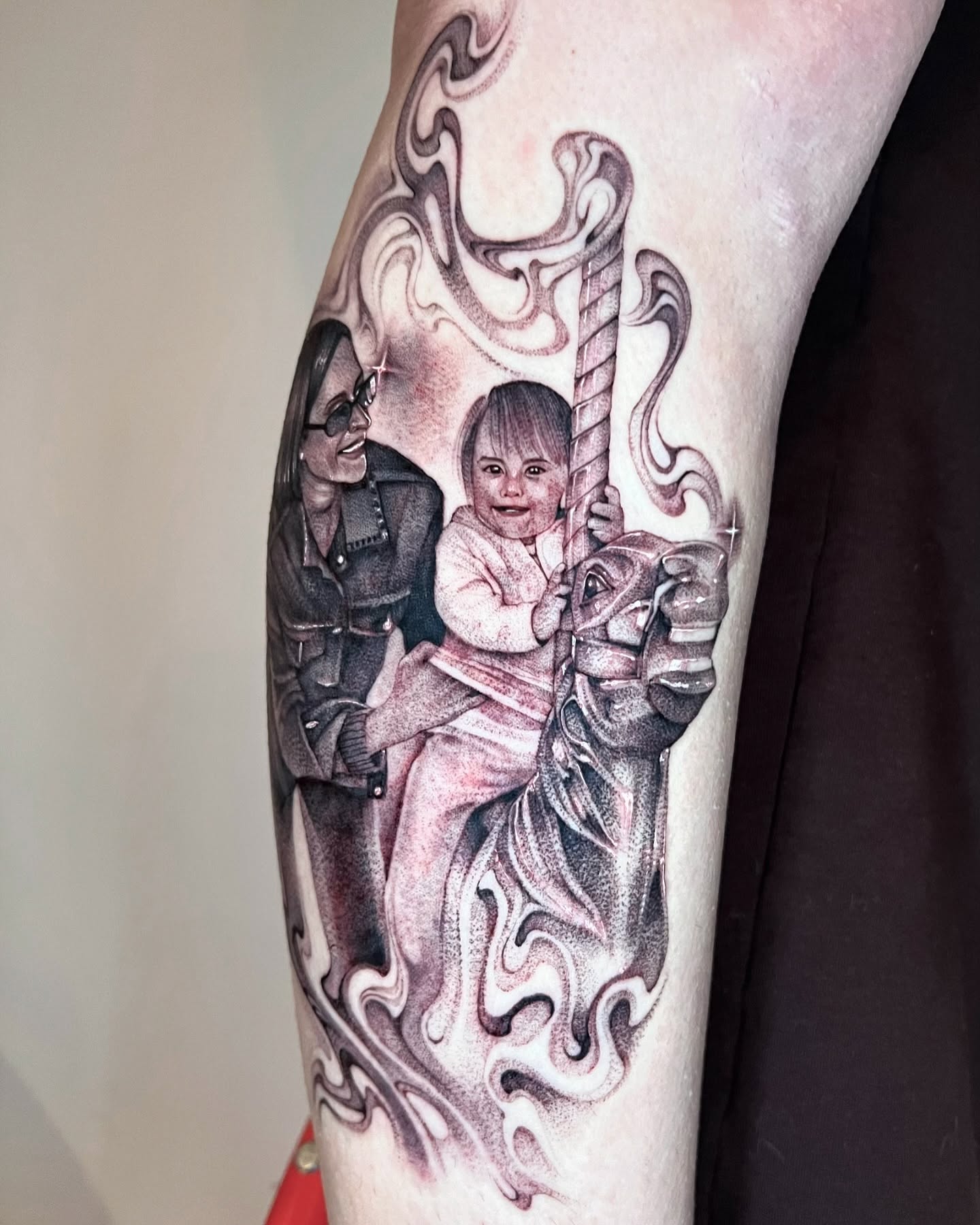 Carousel scene realism tattoo on the forearm by ๐ค ๐๐๐๐๐๐ ๐ค