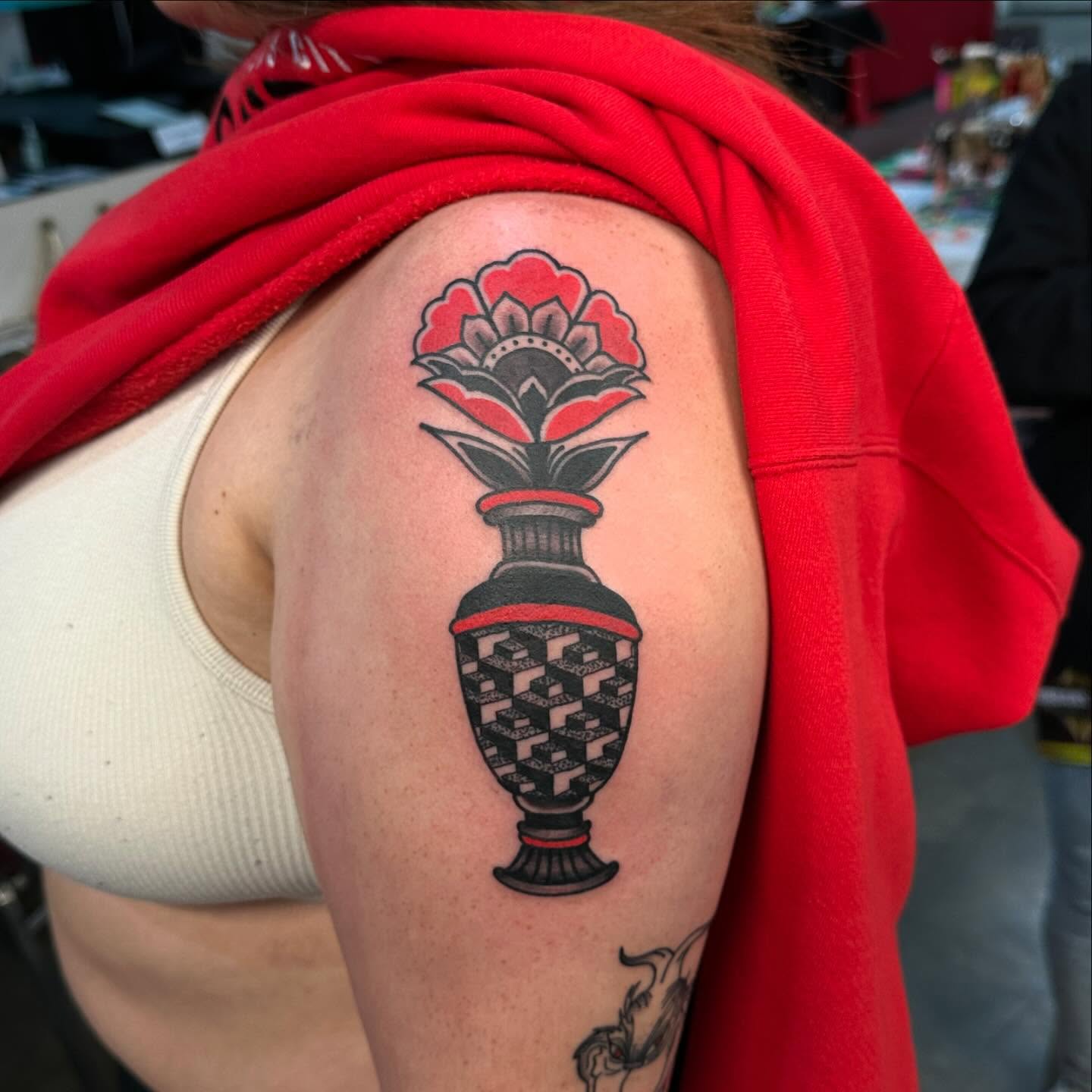 Flower vase American traditional tattoo on the shoulder by Jackie